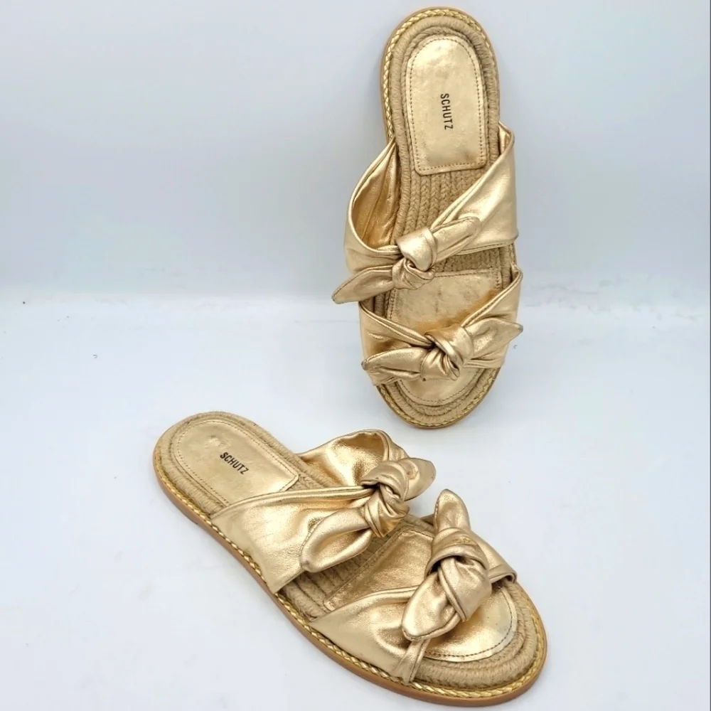SCHUTZ Metallic Espadrille Slide Sandals Soft Gold Size 37.